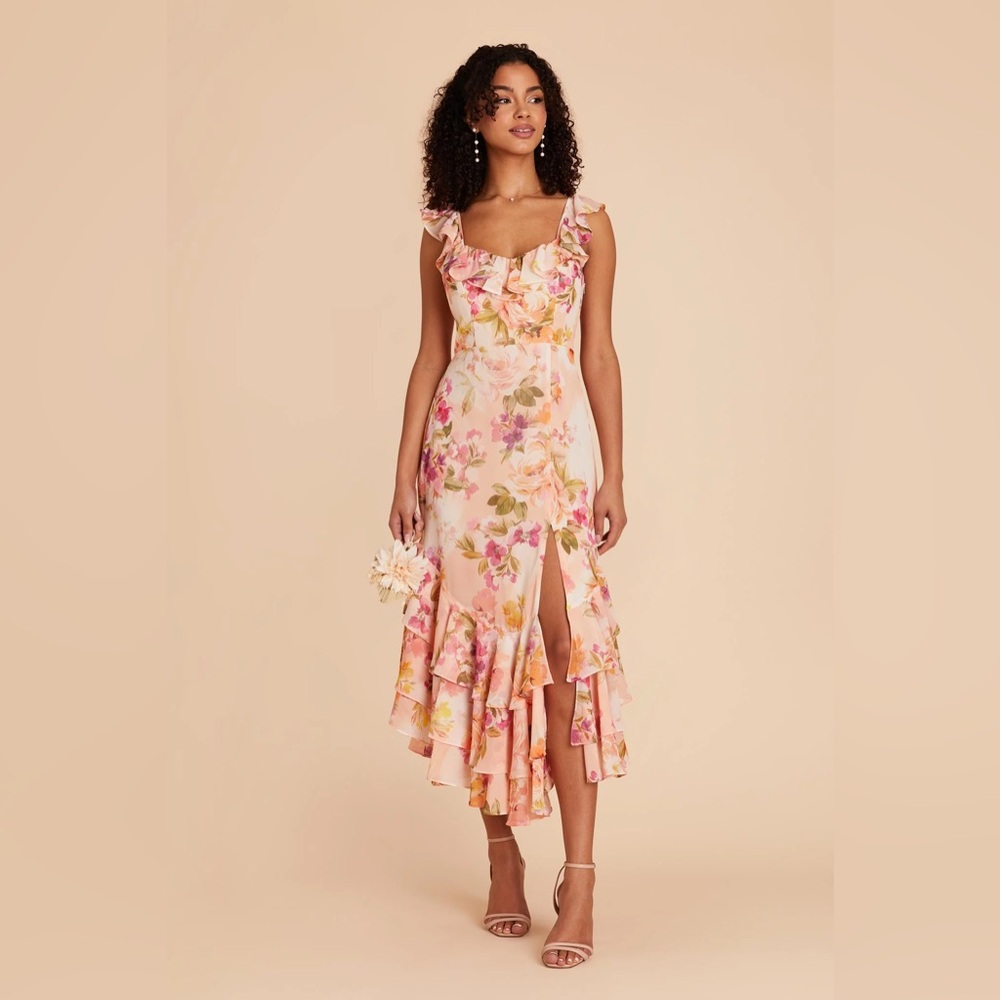 Birdy Grey Ginny Dress Chiffon Coral Sunset Peonies Medium NWT